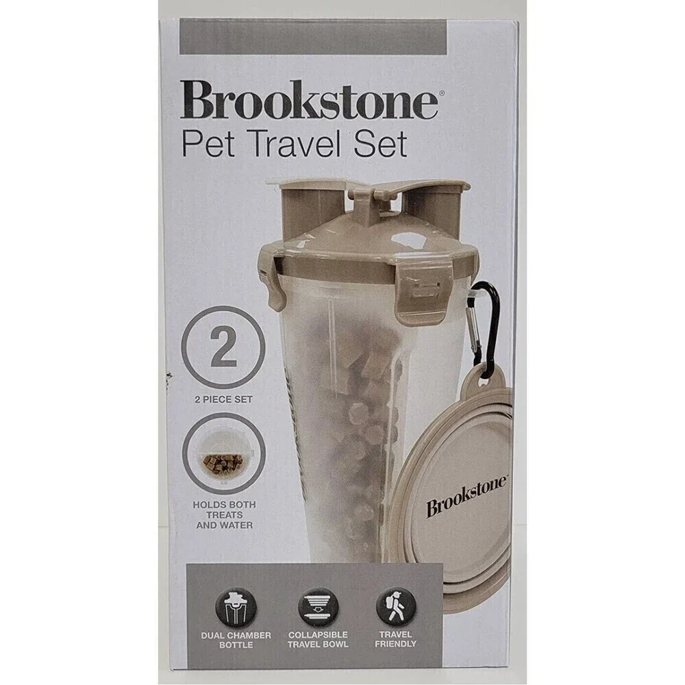 Portable Pet Dual Chamber Food/Water Bottle & Collapsible Food Bowl Set Dog